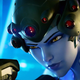 A close-up shot of blue-skinned Overwatch sniper Widowmaker as she stands primed to fire a shot.